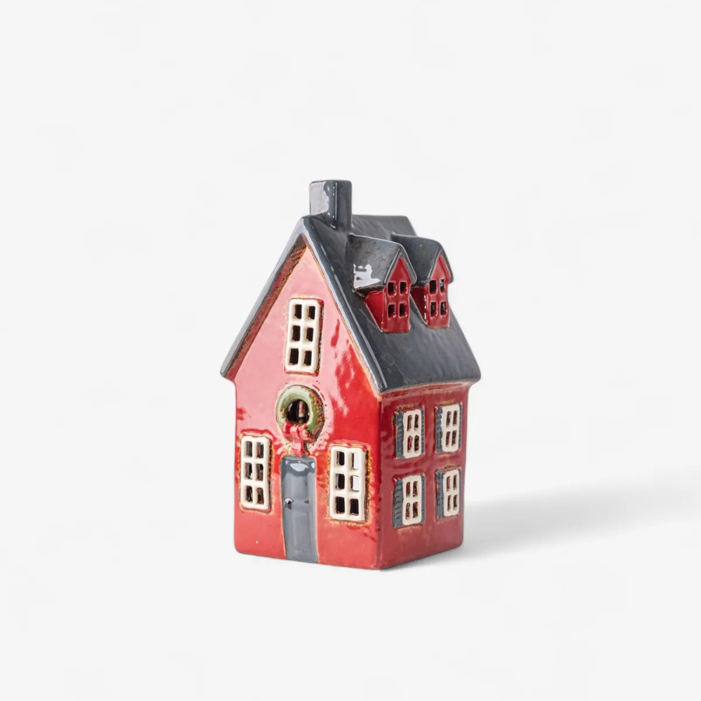 French Country Collection Alsace Tea Light Cottage Red With Wreath | Merchants Homewares