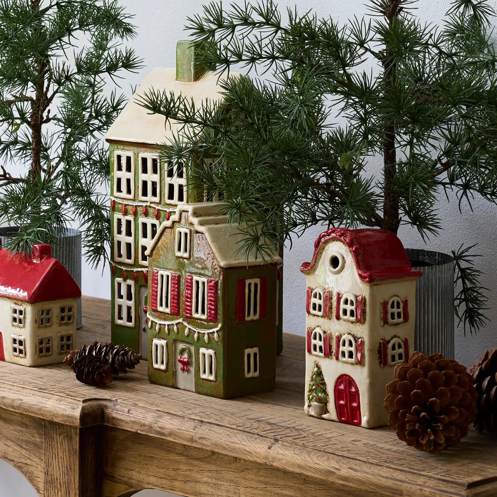 French Country Collection Alsace Tea Light House Christmas Green With Shutters Lifestyle | Merchants Homewares