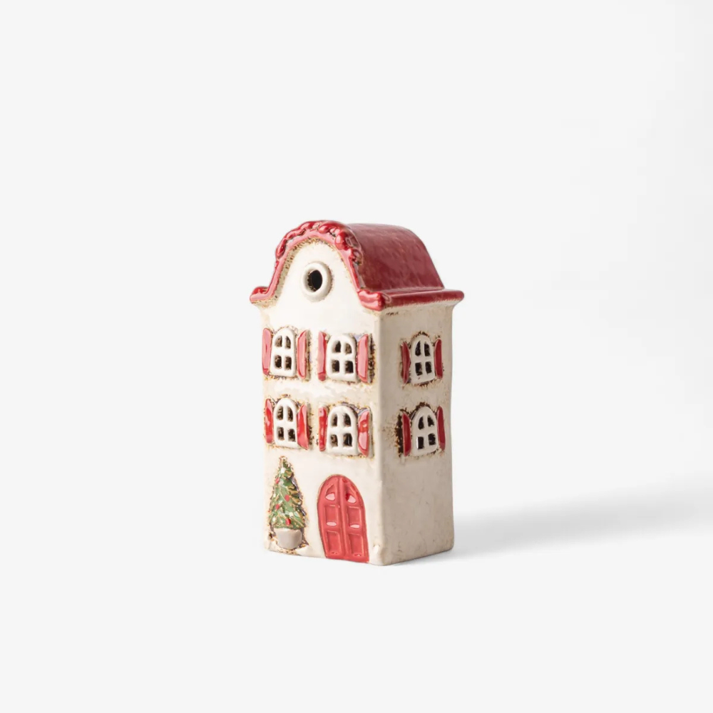 French Country Collection Alsace Tea Light Villa Christmas Stone With Red Shutters | Merchants Homewares