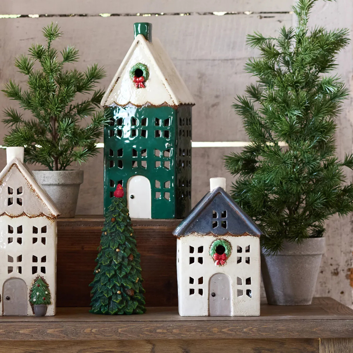 French Country Collection Christmas Tea Light House Blue With Wreath Small Lifestyle | Merchants Homewares