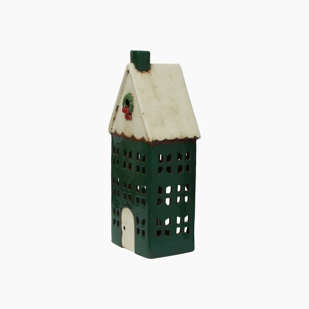 French Country Collection Christmas Tea Light House Green With Wreath Large | Merchants Homewares