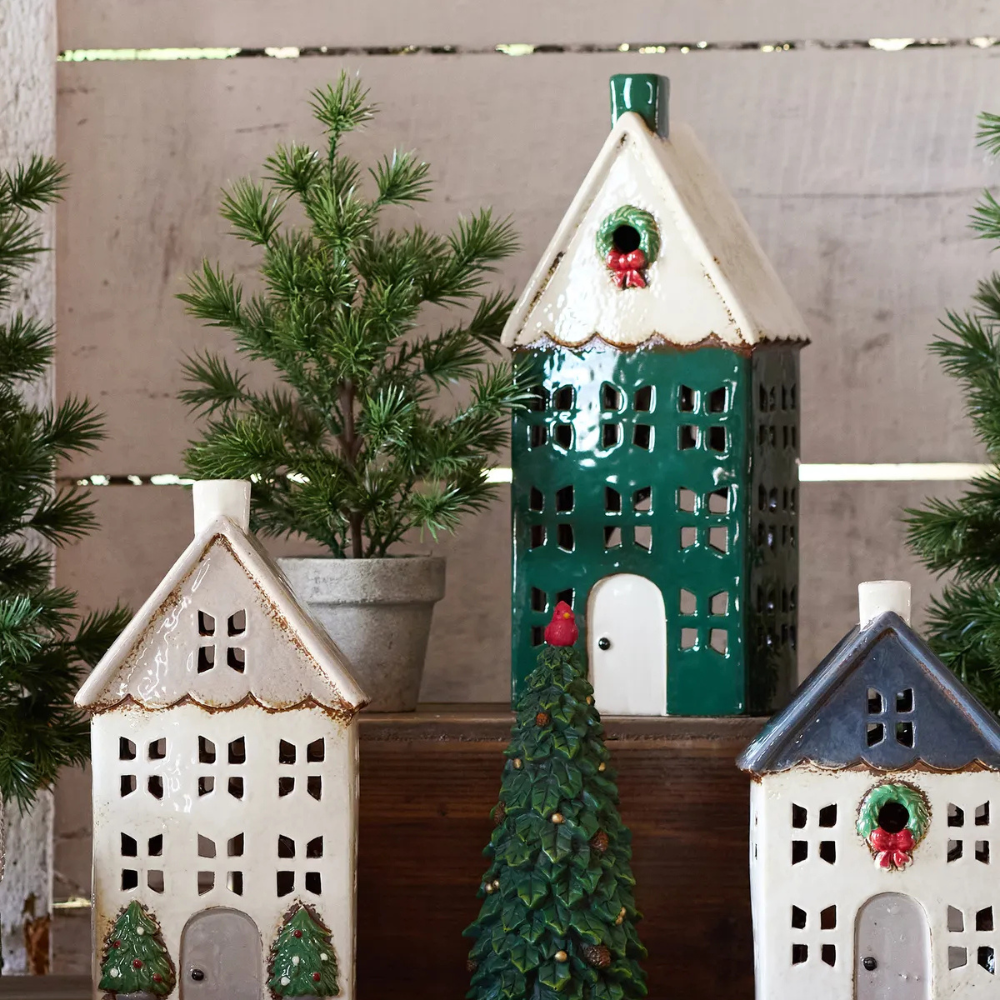 French Country Collection Christmas Tea Light House Green With Wreath Large Lifestyle | Merchants Homewares