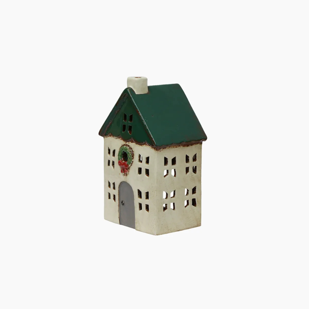French Country Collection Christmas Tea Light House Green With Wreath Small | Merchants Homewares
