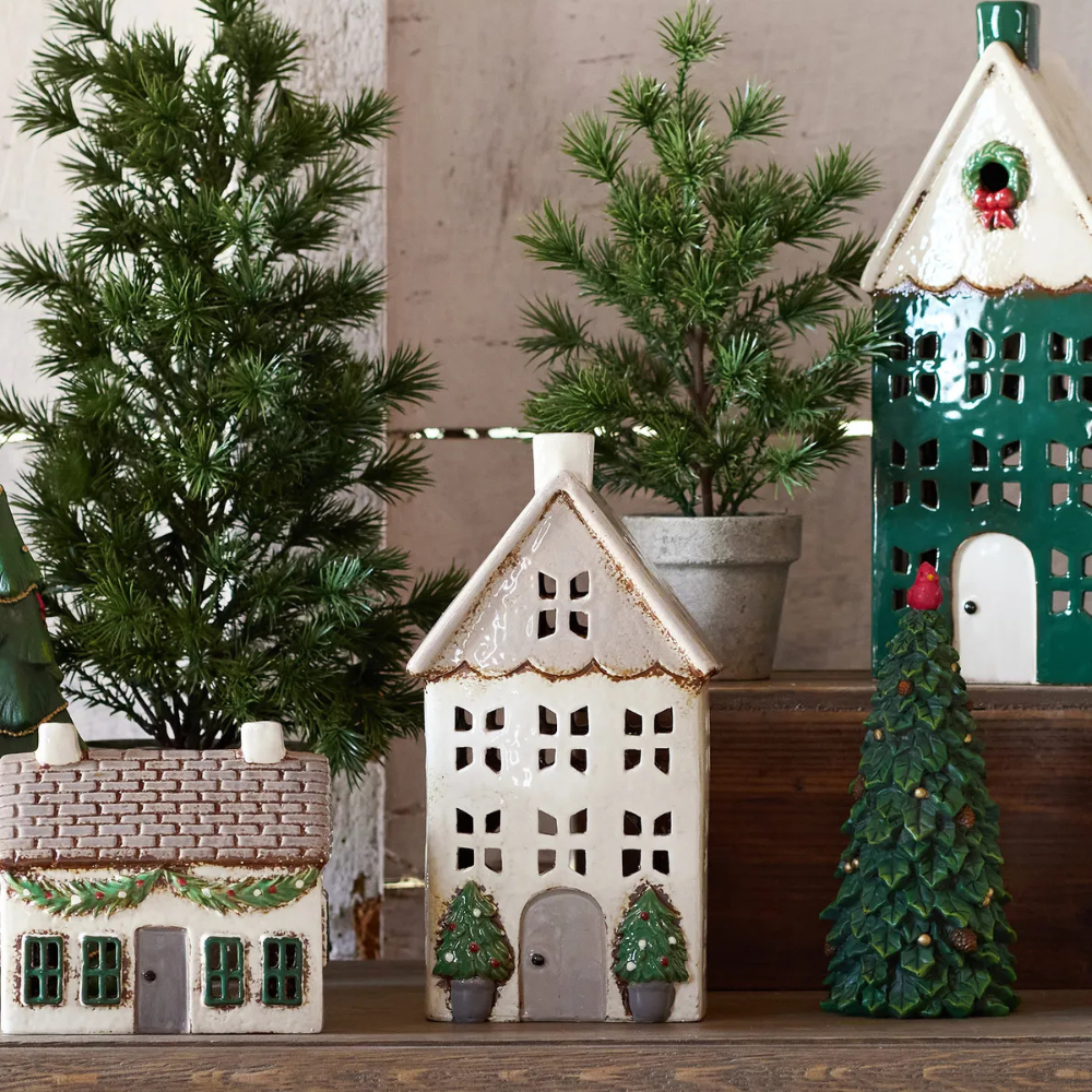 French Country Collection Christmas Tea Light House Stone With Pots Medium Lifestyle | Merchants Homewares