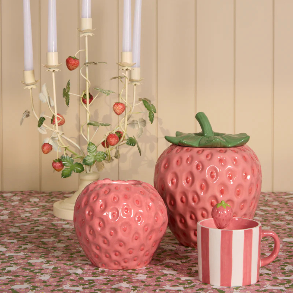 Holly & Ivy Pink Stripe Strawberry Mug Lifestyle | Merchants Homewares