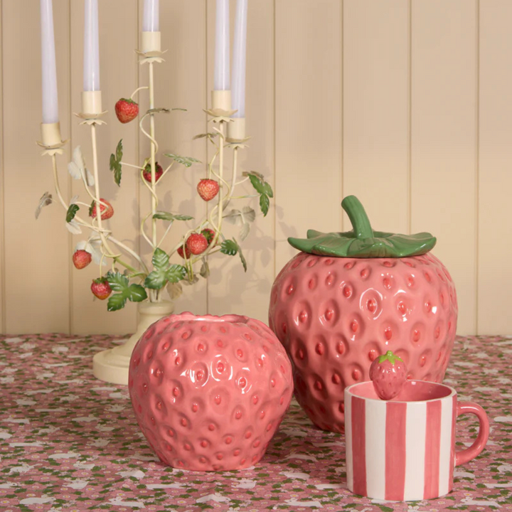Holly & Ivy Pink Stripe Strawberry Mug Lifestyle | Merchants Homewares