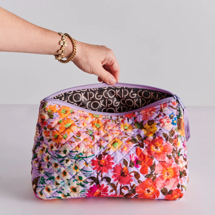 Kip & Co Forever Floral Quilted Cotton Toiletry Purse Lilac Open | Merchants Homewares