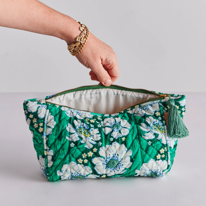 Kip & Co Velvet Toiletry Bags Tumbling Flowers Green Open | Merchants Homewares