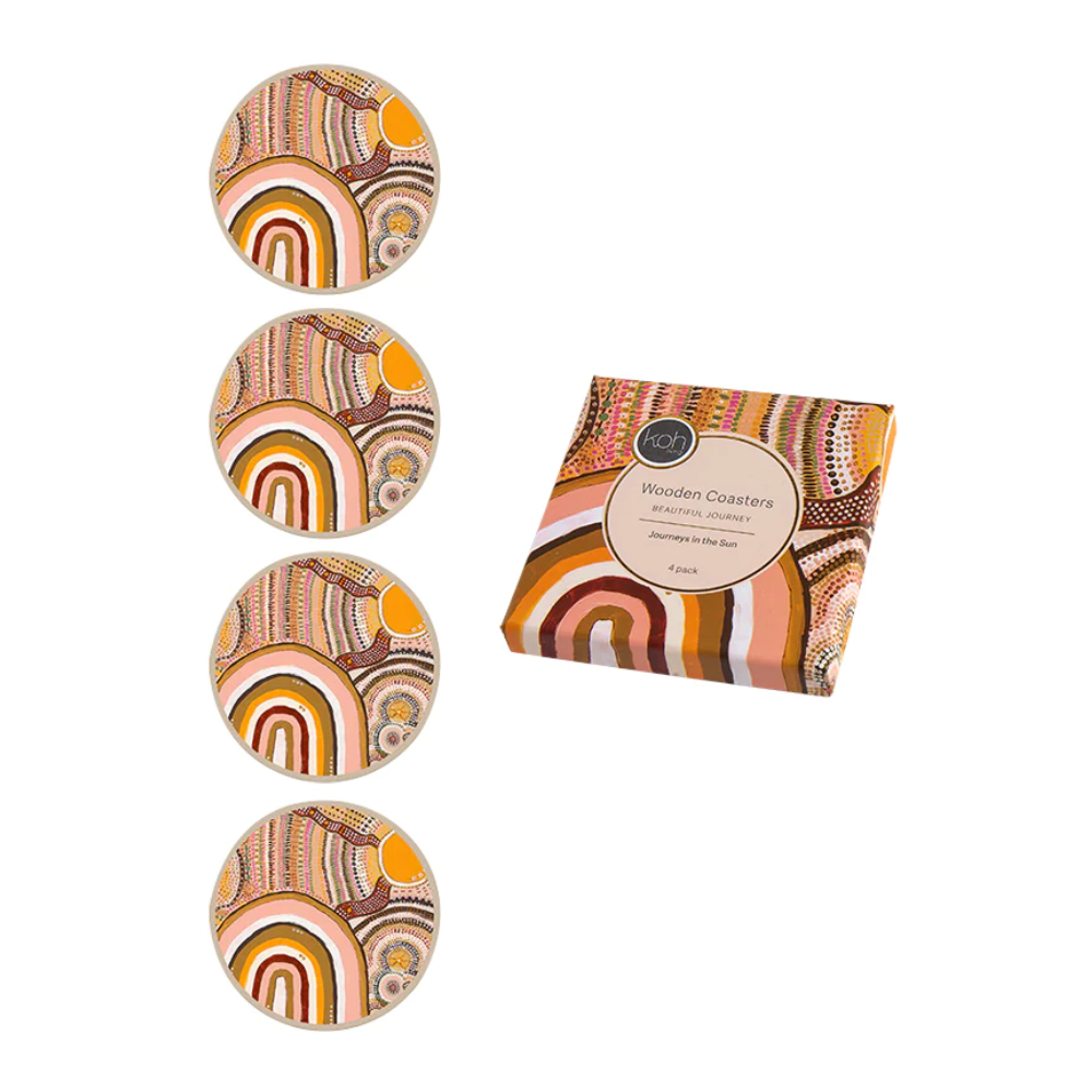 Koh Living Wooden Coaster 4 Pack Journeys In The Sun with Packaging | Merchants Homewares