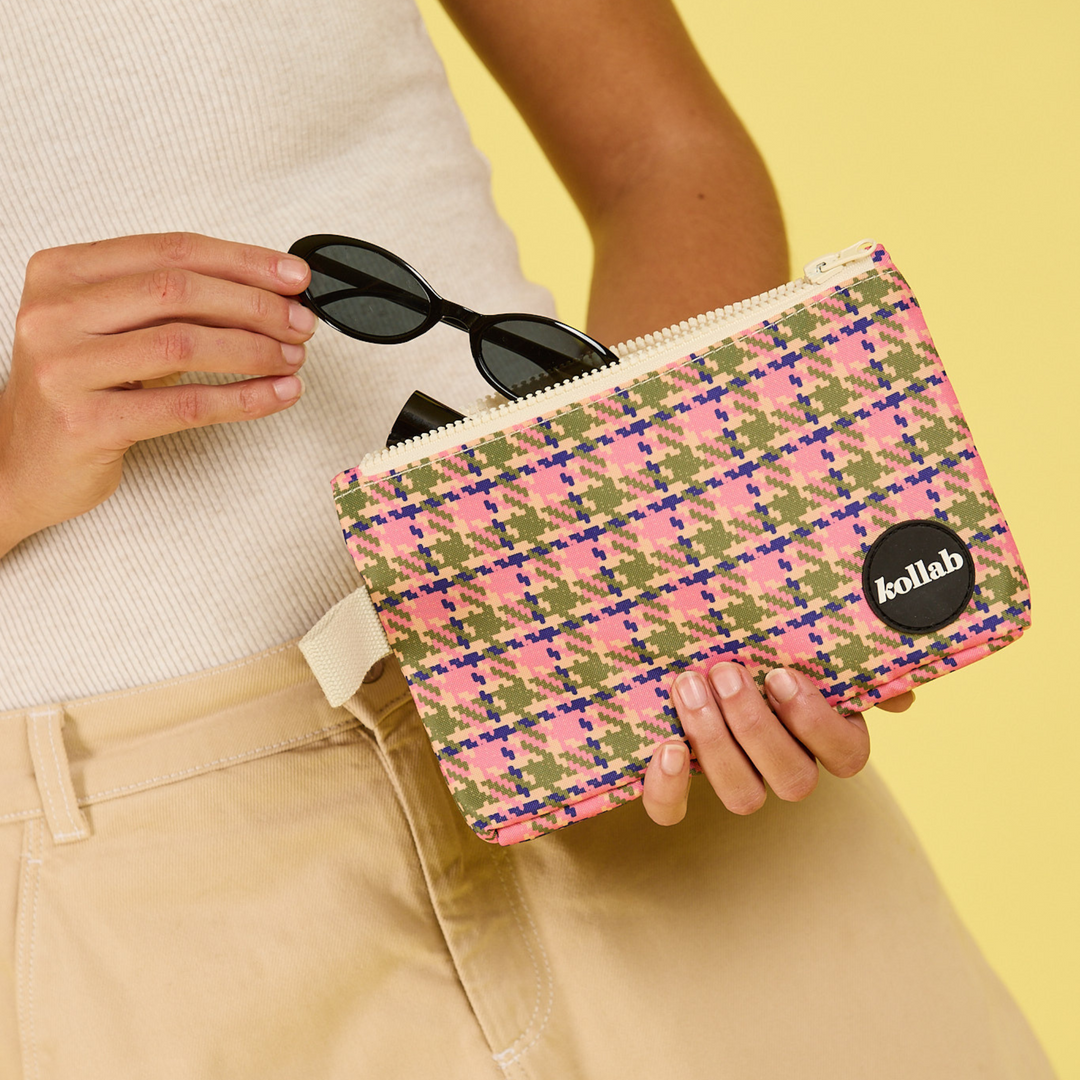 Kollab Holiday Mini Pouch Pink Houndstooth Lifestyle | Merchants Homewares