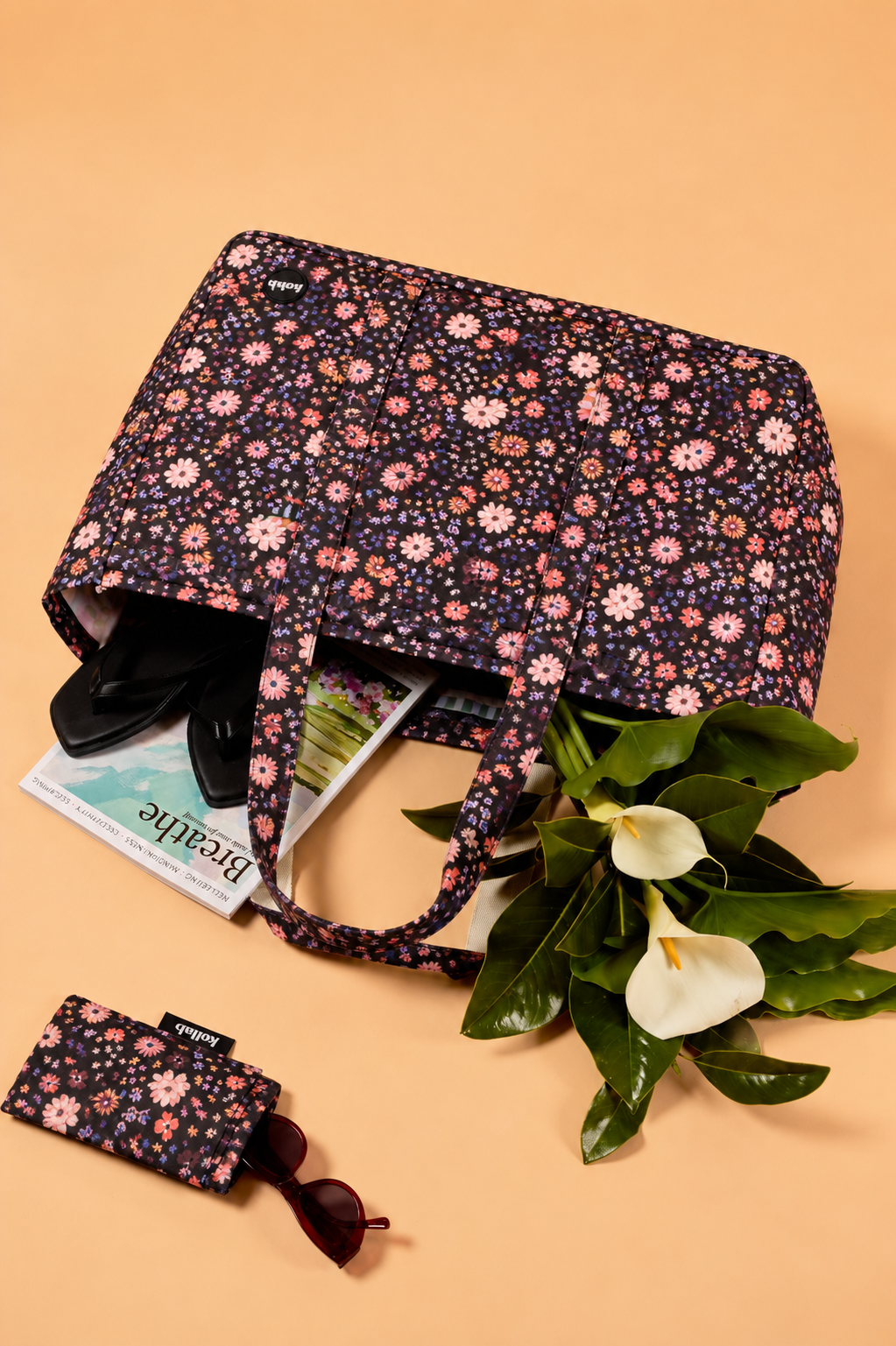 Kollab Carryall Cargo Bag in Mocha Meadow print, floral design on chocolate | Merchants Homewares