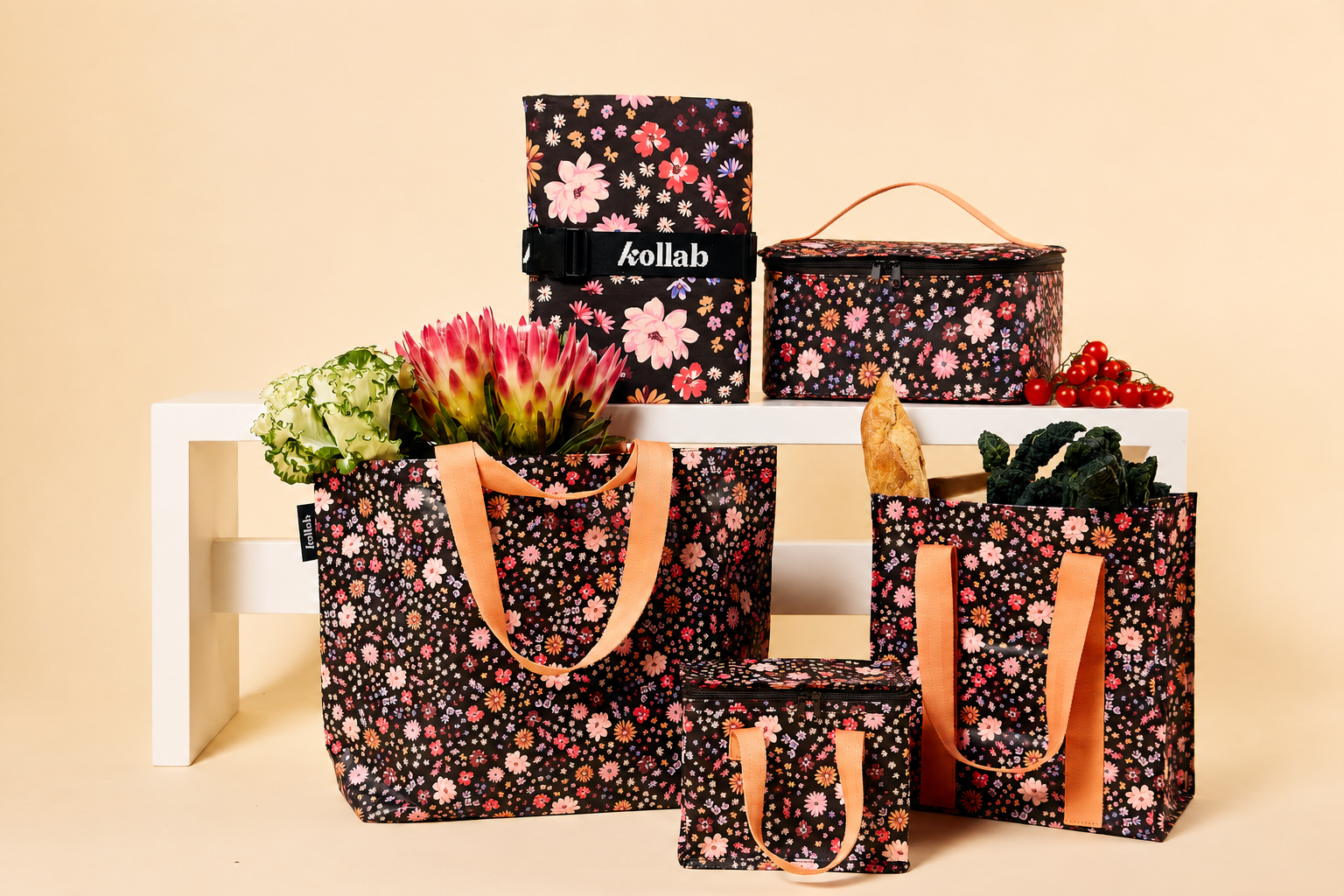 Kollab Stash Bag in Mocha Meadow print, floral design on chocolate | Merchants Homewares