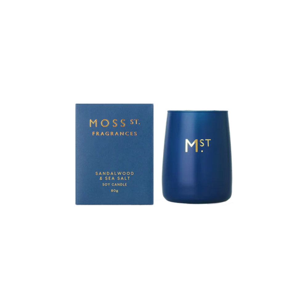 Moss St Candle Sandalwood & Sea Salt 80g Open & Packaged | Merchants Homewares