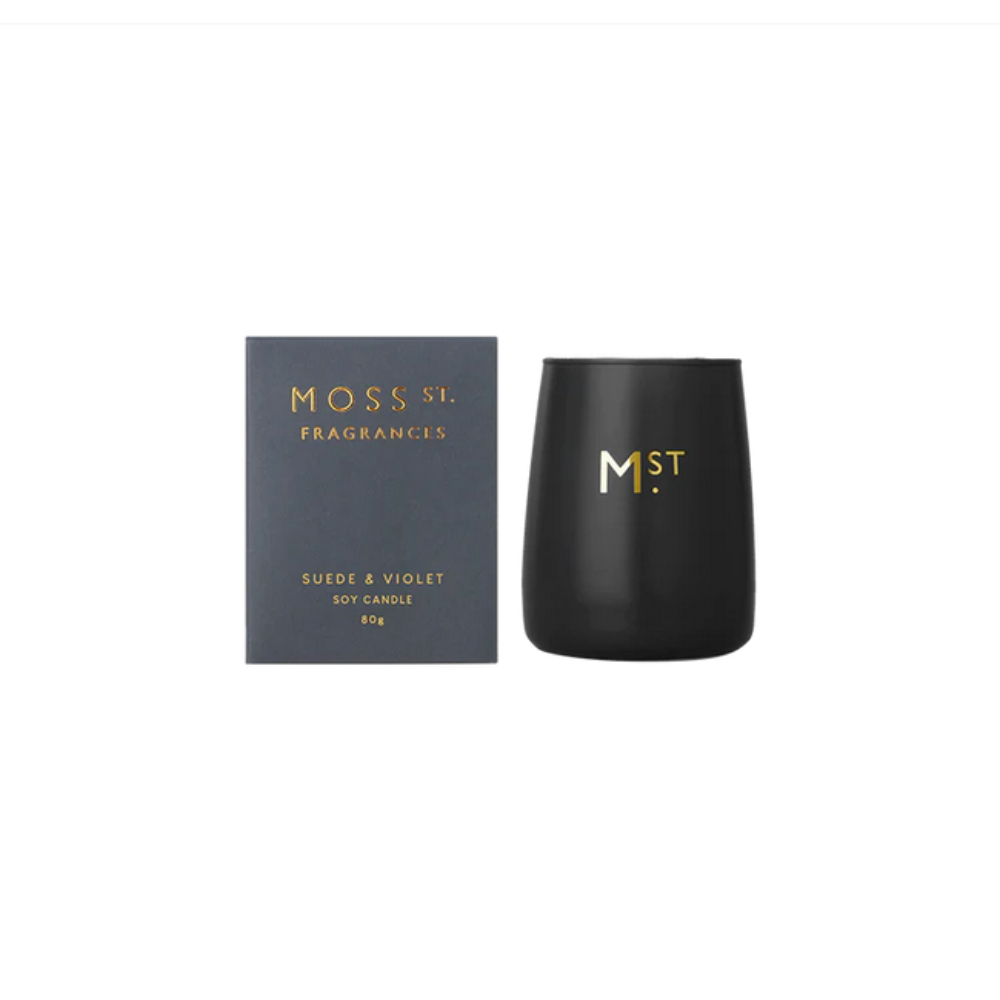 Moss St Candle Suede & Violet 80g Open & Packaged | Merchants Homewares