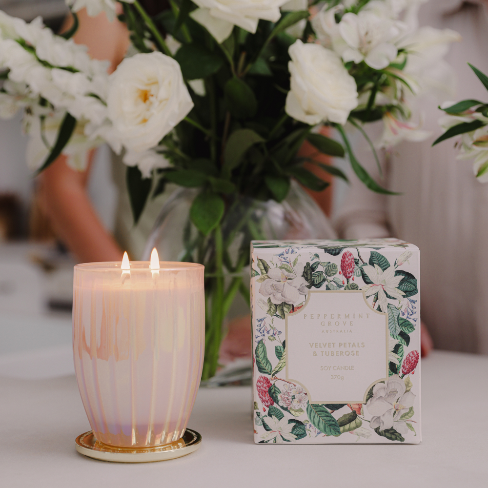 Peppermint Grove Velvet Petals & Tuberose Soy Candle 370g Lifestyle |  Merchants Homewares