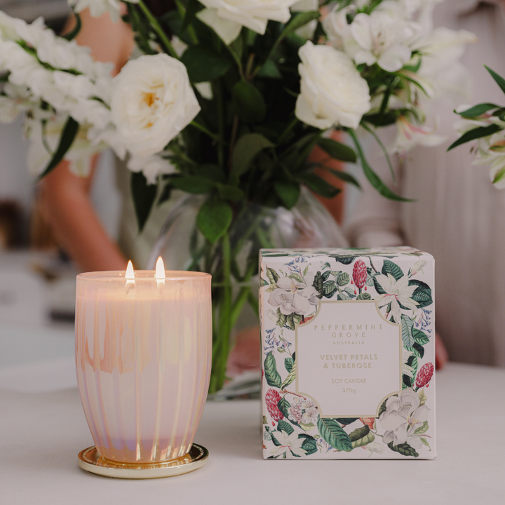 Peppermint Grove Velvet Petals & Tuberose Soy Candle 370g Lifestyle |  Merchants Homewares