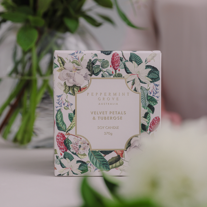 Peppermint Grove Velvet Petals & Tuberose Soy Candle 370g Lifestyle |  Merchants Homewares