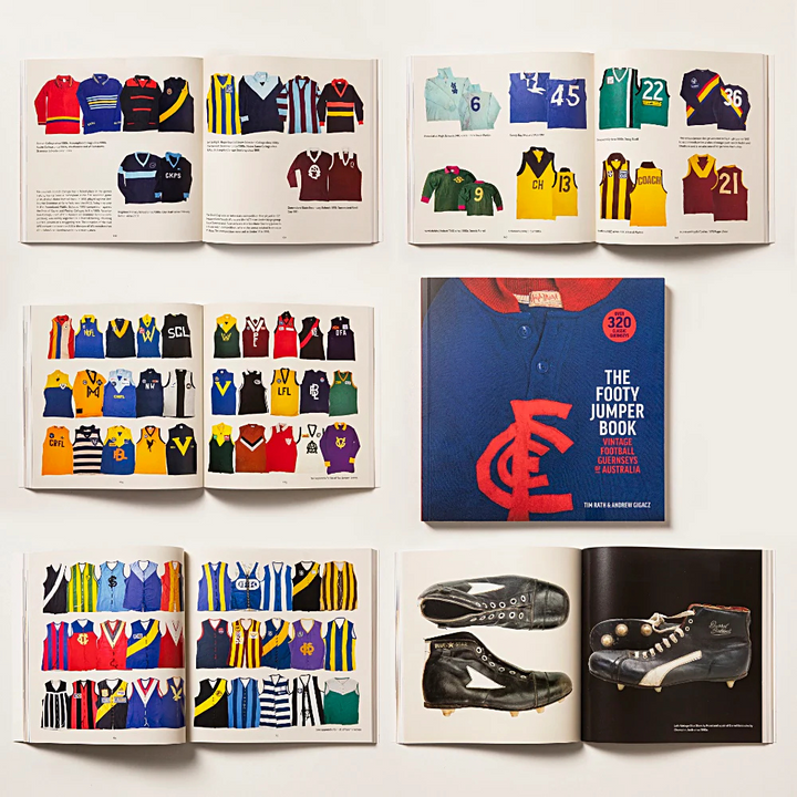 Sporting Nation The Footy Jumper Soft Cover Book Written By Tim Rath & Andrew Gigacz Open | Merchants Homewares