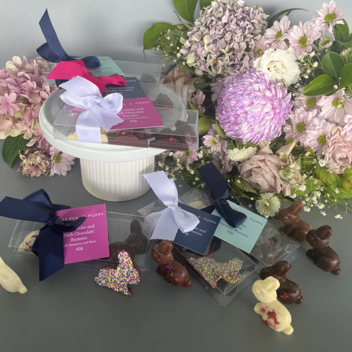 Sweet Pea & Poppy Bunny Trio Gift Milk, White and Dark Chocolate Lifestyle | Merchants Homewares