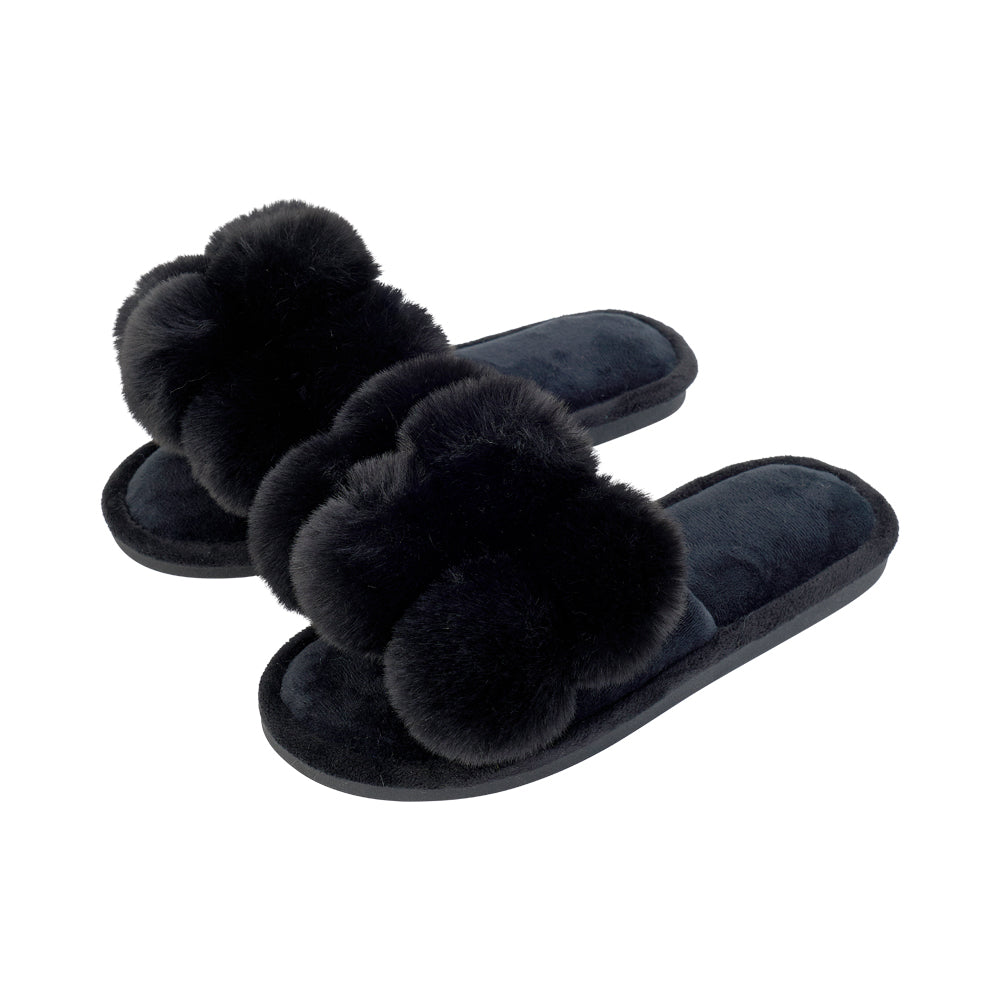Annabel Trends Cosy Luxe Black Pom Pom Slippers | Merchants Homewares