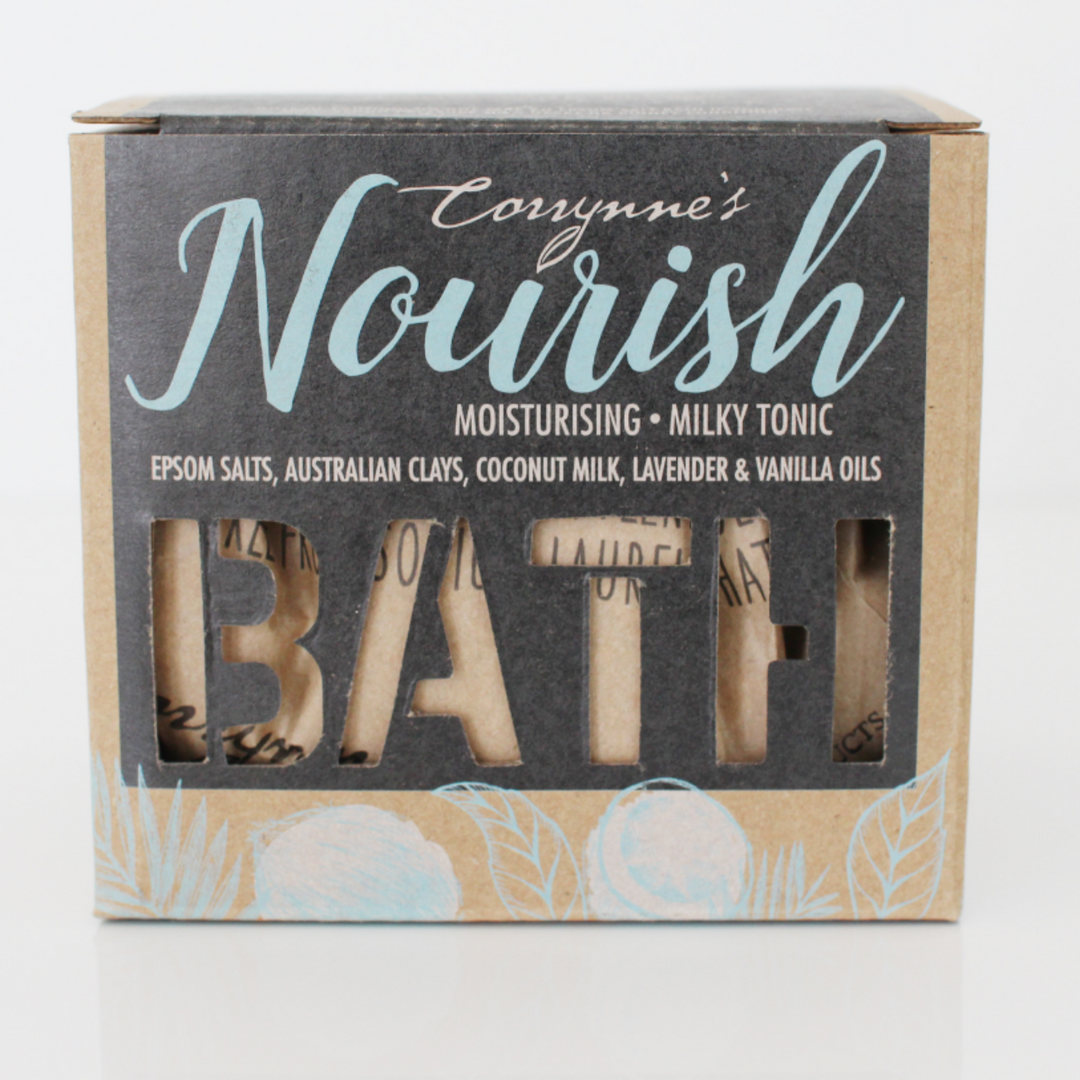 Corrynne's Nourish Bath Salts 500g Epsom Salts, Australian Clays, Coconut Milk, Lavender & Vanilla Oils packaged | Merchants Homewares
