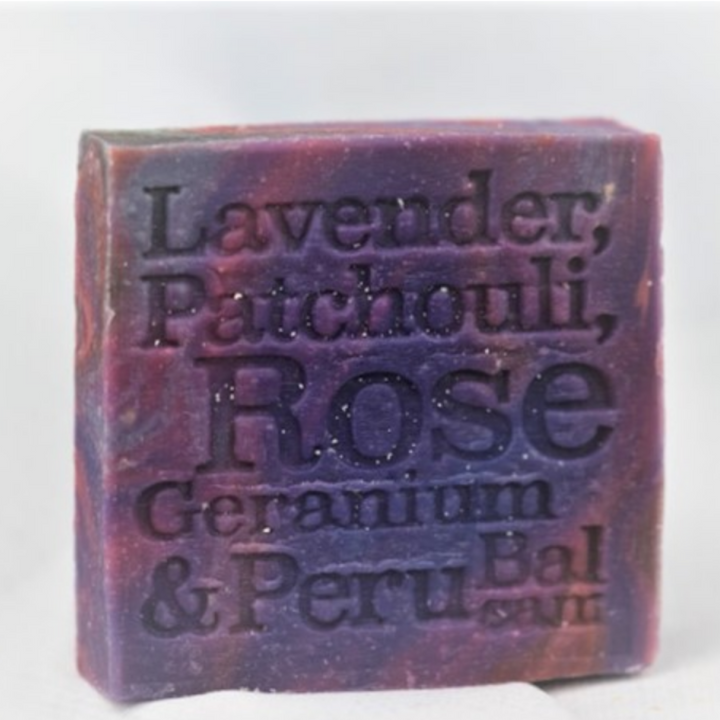 Corrynne's Lavender, Patchouli, Rose Geranium & Peru Balsam Soap purple open | Merchants Homewares 