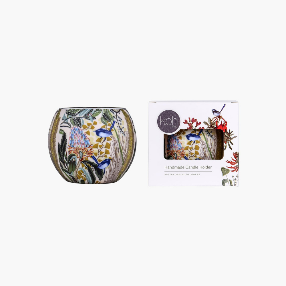 Koh Living Tea Light Candle Holder Banksia open and packaged | Merchants Homewares