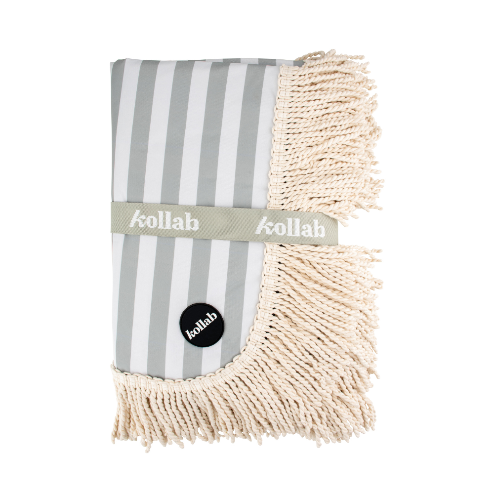 Kollab Holiday Fringed Picnic Mat 1.4 x 1.4m Sage Stripe Folded | Merchants Homewares