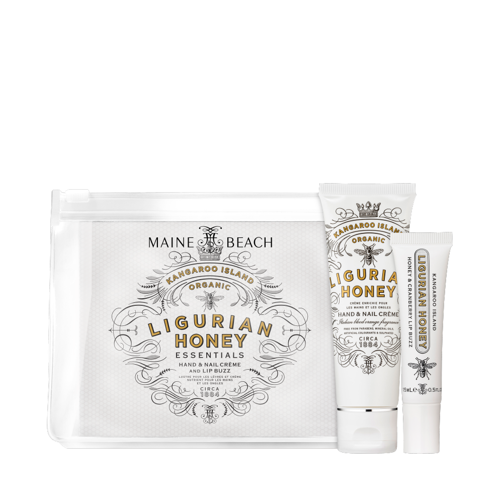 Maine Beach Organic Kangaroo Island Ligurian Honey Essentials Pack hand & nail cream and lip buzz open and packaged | Merchants Homewares