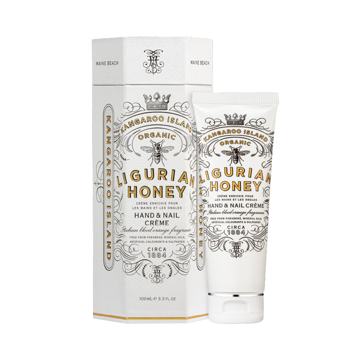 Maine Beach Organic Kangaroo Island Ligurian Honey Hand & Nail Cream 100ml open and packaged | Merchants Homewares
