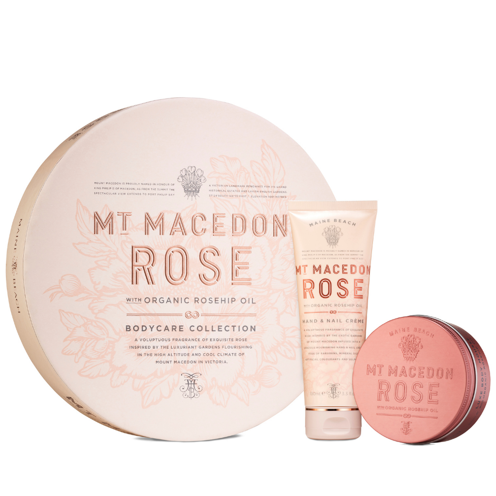 Maine Beach Mt Macedon Rose with Organic Rosehip Oil Duo Gift Set open and packaged | Merchants Homewares 