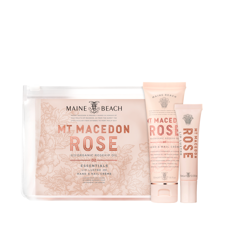 Maine Beach Mt Macedon Rose with Organic Rosehip Oil Essentials Pack Hand & Nail cream and Lip Lustre open and packaged | Merchants Homewares