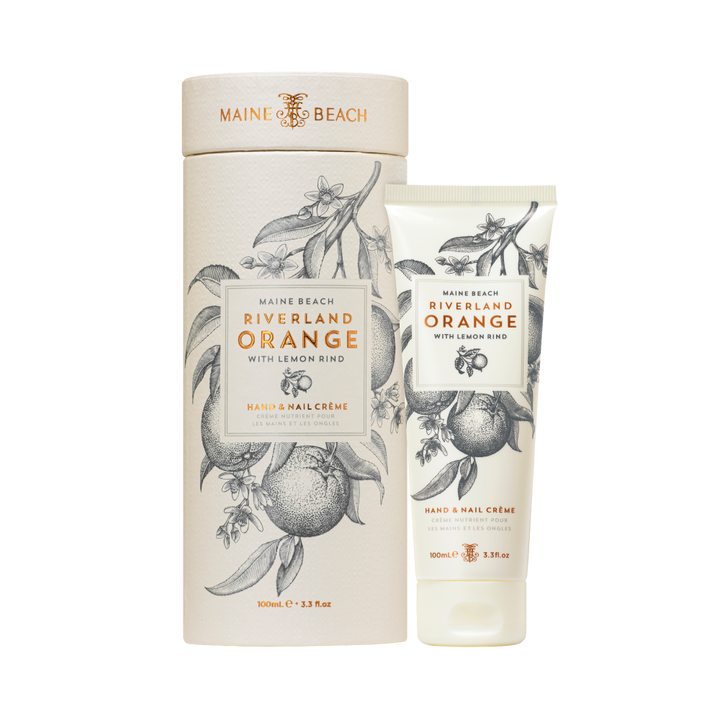 Maine Beach Riverland Orange with Lemon Rind Hand & Nail Cream 100ml open and packaged | Merchants Homewares