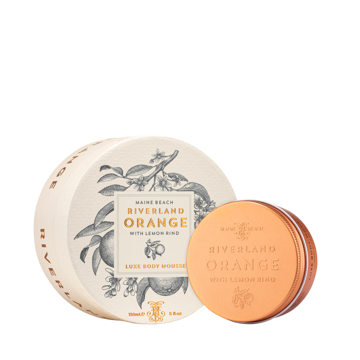 Maine Beach Riverland Orange with lemon rind Luxe Body Mousse 150ml open and packaged | Merchants Homewares