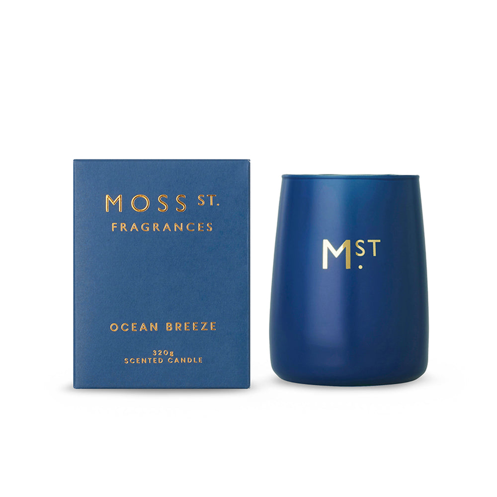 Moss St Candle Ocean Breeze 320g Blue open and packaged | Merchants Homewares