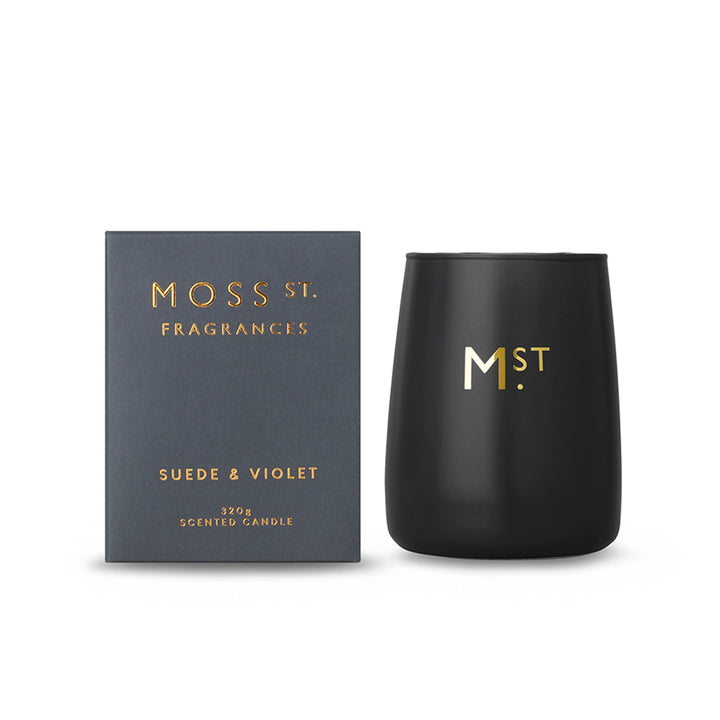 Moss St Candle Suede & Violet 320g Black open and packaged | Merchants Homewares