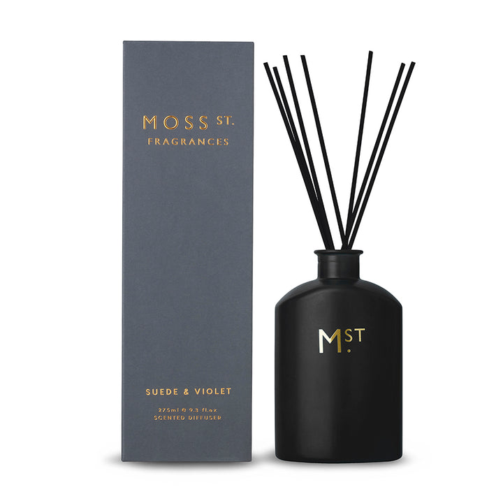 Moss St Diffuser Suede & Violet Black open and packaged | Merchants Homewares