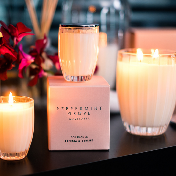 Peppermint Grove Soy Candle Burning Freesia And Berries Lifestyle  | Merchants Homewares 