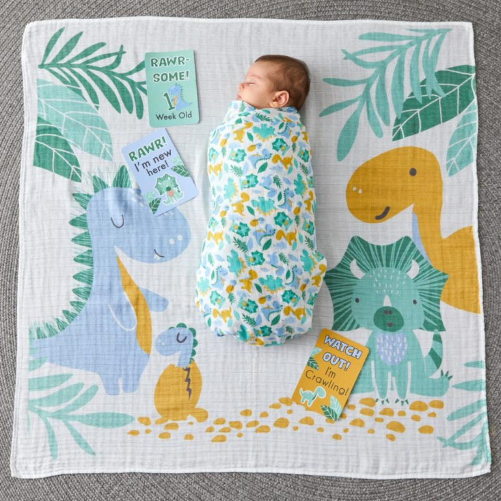 Pilbeam Jiggle & Giggle Dinosaur Milestone Muslin Set Lifestyle | Merchants Homewares