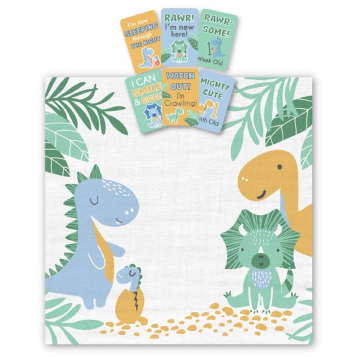 Pilbeam Jiggle & Giggle Dinosaur Milestone Muslin Set Cards Displayed | Merchants Homewares