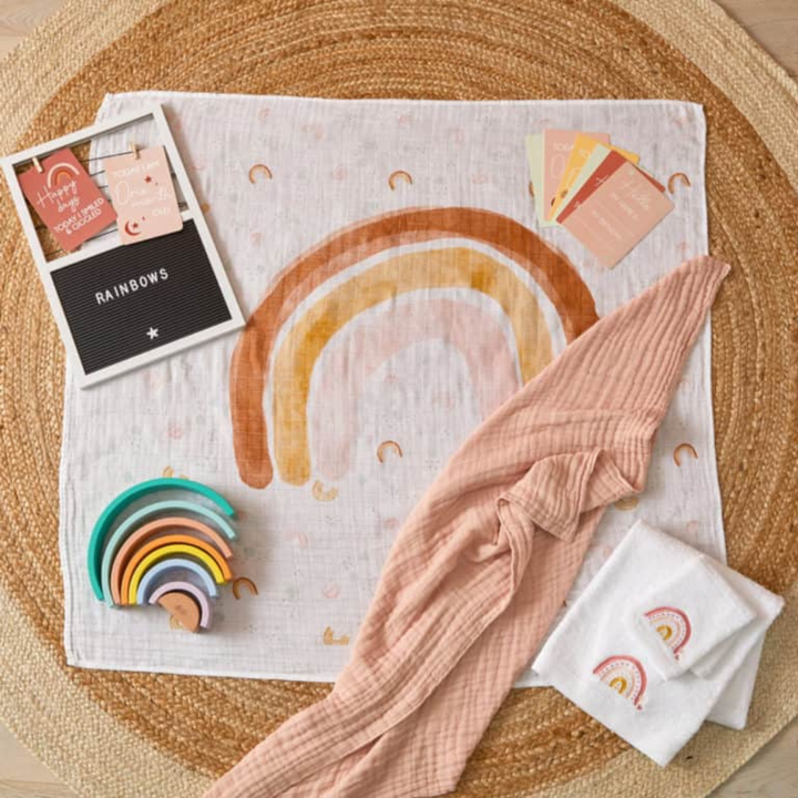 Pilbeam Jiggle & Giggle Rainbow Milestone Muslin Set Lifestyle | Merchants Homewares