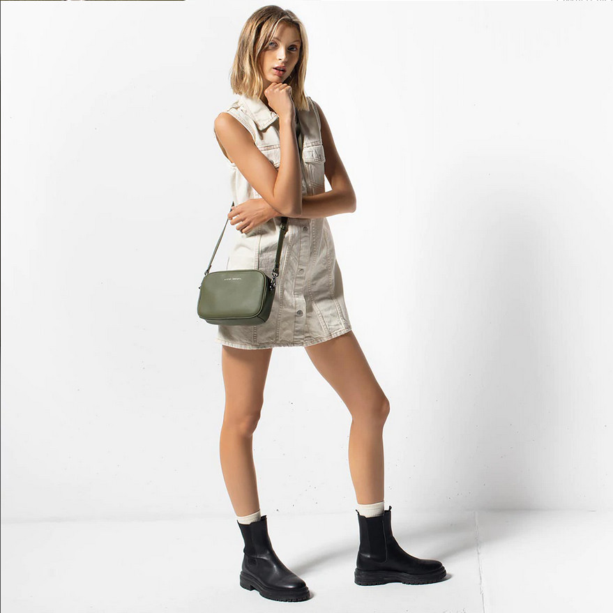 Status Anxiety Plunder Bag Khaki Worn Across Body By Model | Merchants Homewares 