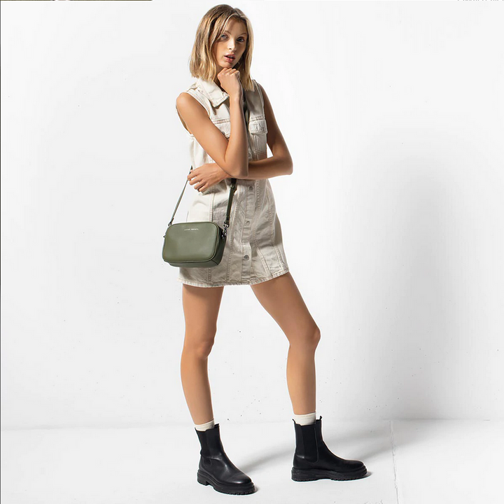 Status Anxiety Plunder Bag Khaki Worn Across Body By Model | Merchants Homewares 