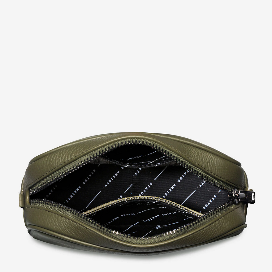 Status Anxiety Plunder Bag Khaki Zip Open Looking Inside | Merchants Homewares 