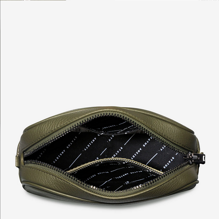 Status Anxiety Plunder Bag Khaki Zip Open Looking Inside | Merchants Homewares 