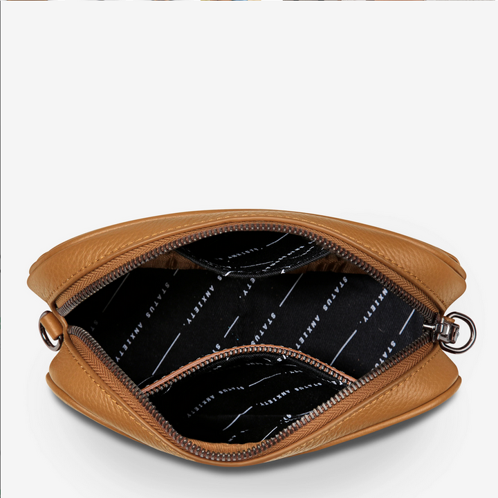 Status Anxiety Plunder Bag Tan Zip Open Looking Inside | Merchants Homewares 