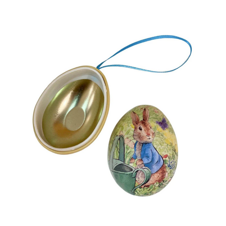 Tinco Peter Rabbit Small Hanging Egg Shape TIn Yellow Open | Merchants Homewares