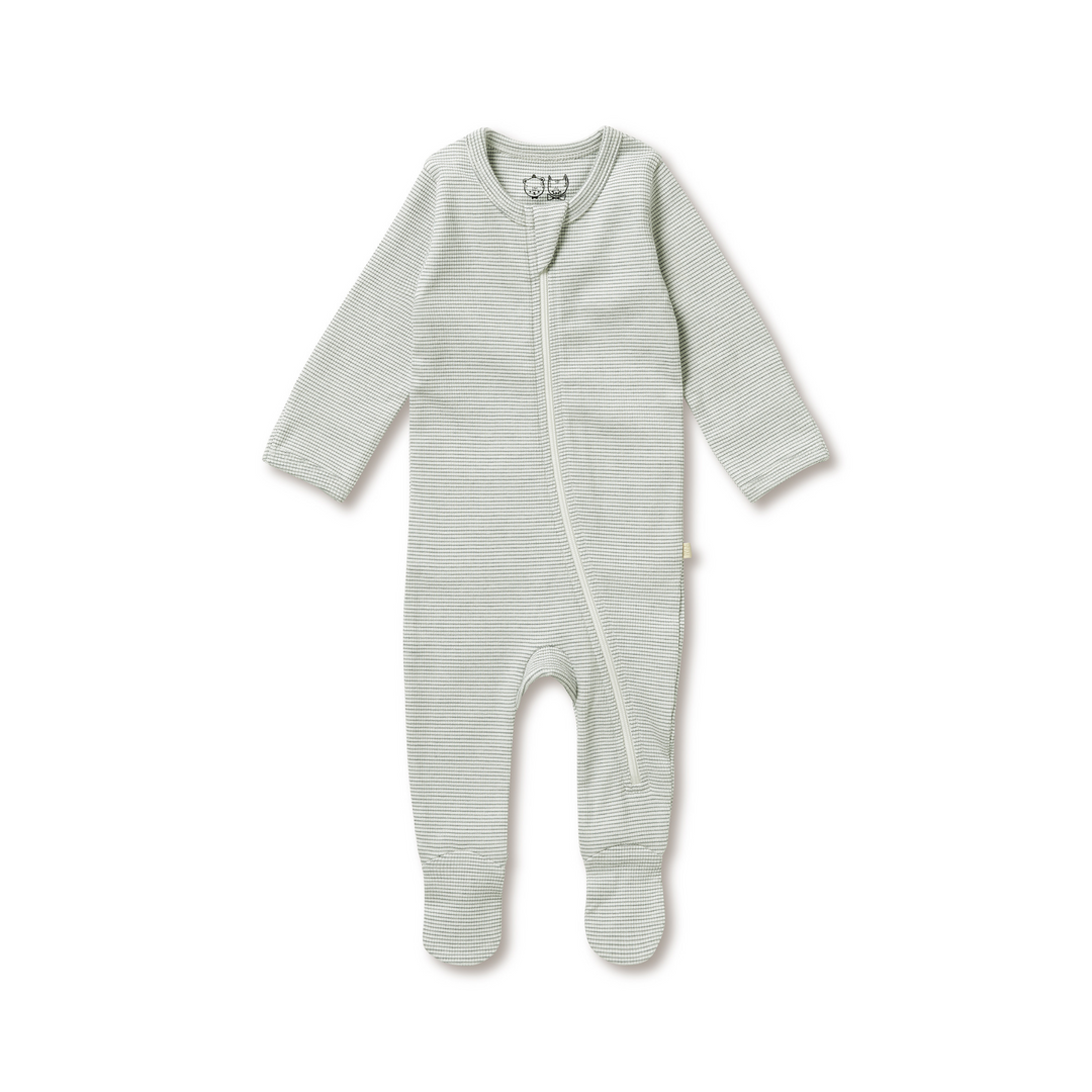 Wilson and Frenchy Organic Stripe Rib Zipsuit With Feet Fern Front | Merchants Homewares