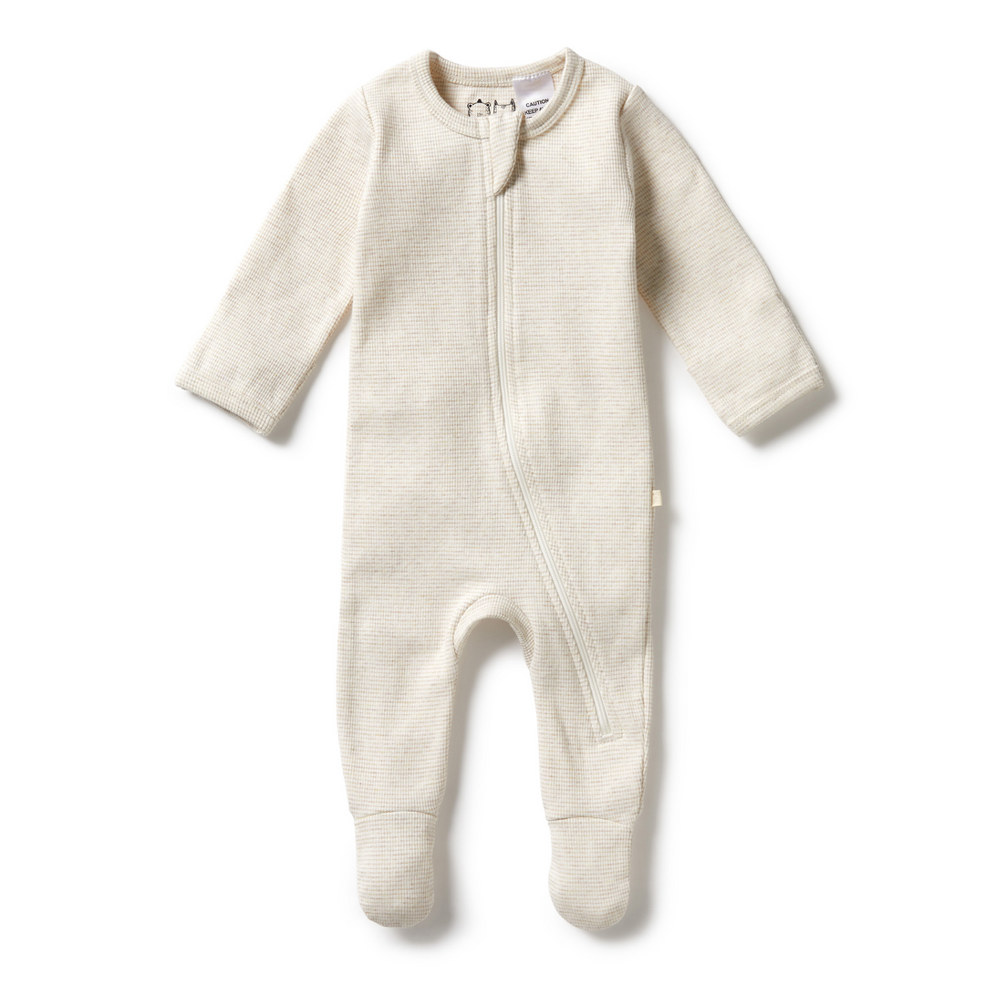 Wilson and Frenchy Organic Stripe Rib Zipsuit With Feet Oatmeal Front | Merchants Homewares